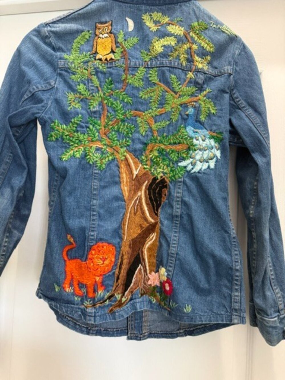 OOAK Hand Embroidered Denim Jacket Womens Medium Nature Woodland owl Peacock - Picture 6 of 16